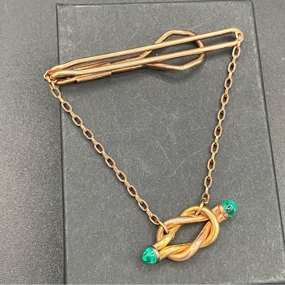 Vintage Mid Century Wedding Two Tone Love Knot Tie Bar Chain - Picture 1 of 15